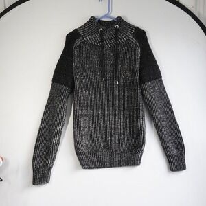 Leif Nelson Men Black White Marled Ribbed Funnel Shawl Neck Sweater S Streetwear